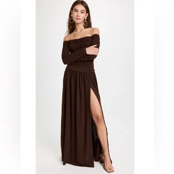 Tanya Taylor Marla Off-the-Shoulder Dress, Mocha Brown, NWT, Size 6 - Picture 1 of 11